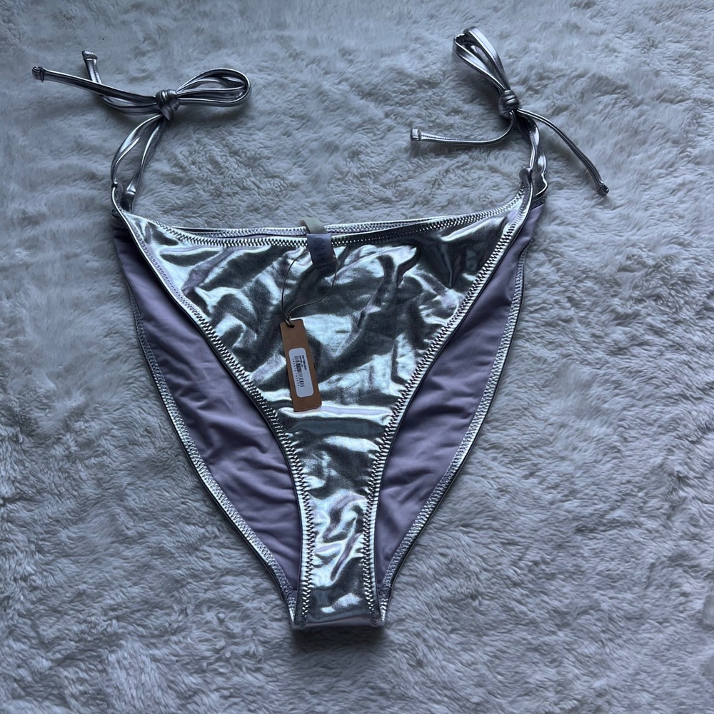 SKIMS Metallic Tie Bikini Bottom Nickel Silver Plus Size 3X SW-TBM-0067 NEW Glam